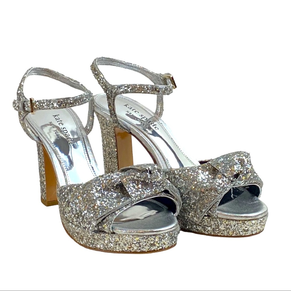 Kate Spade Silver Glitter Bow Miya Platform Open Toe Heels Size 9B NWT